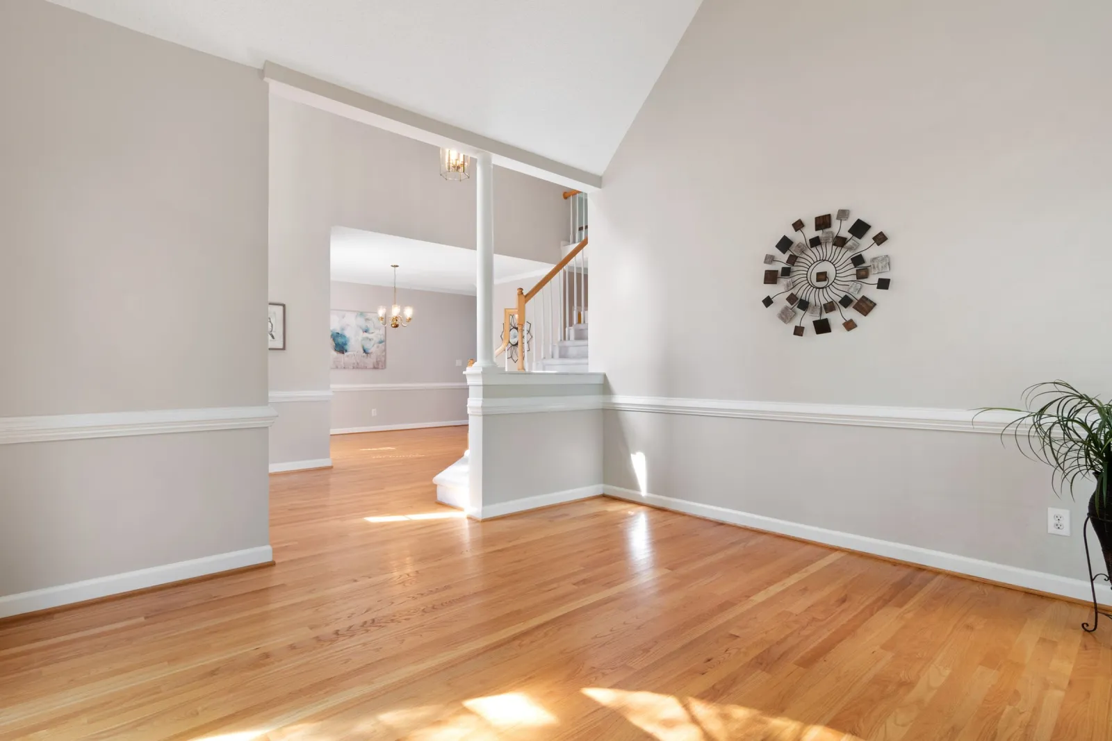 Site-finished solid oak hardwood flooring in a bright, sunlit DMV interior