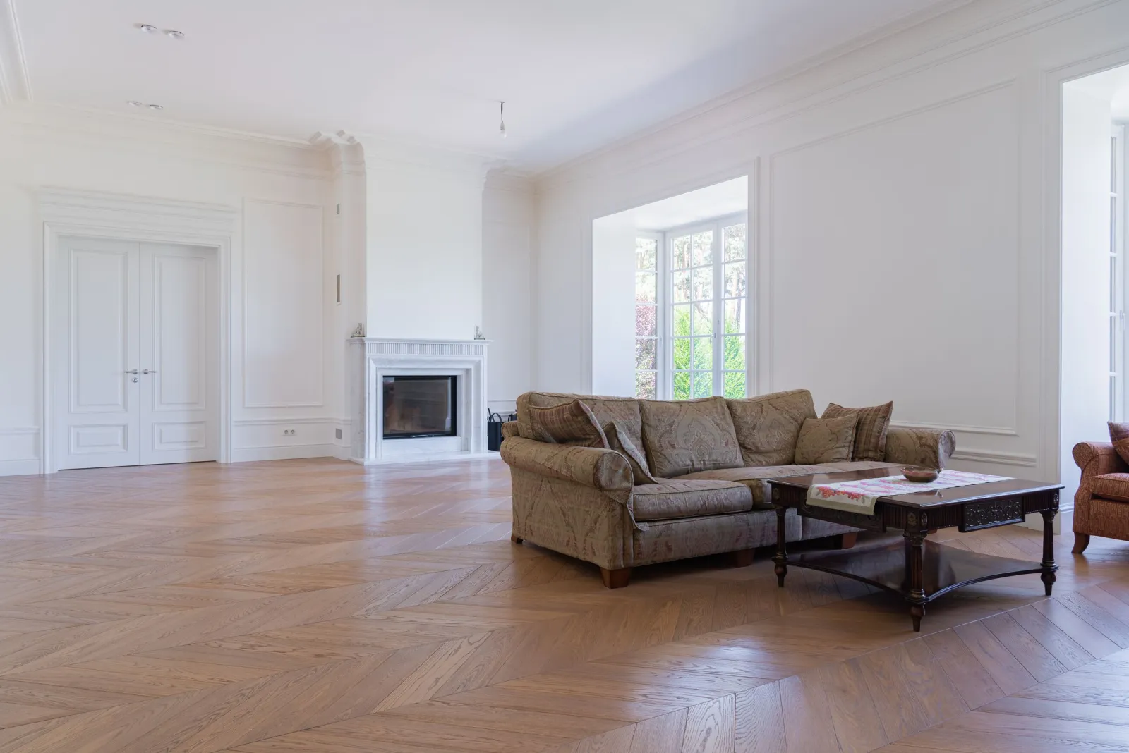 Elegant spacious living room with premium hardwood flooring